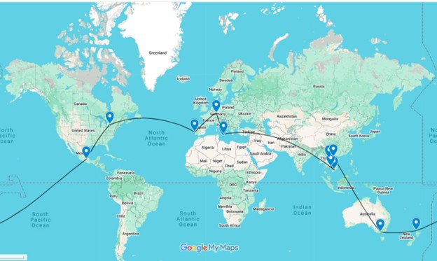 Map of the world with round the world trip itinerary