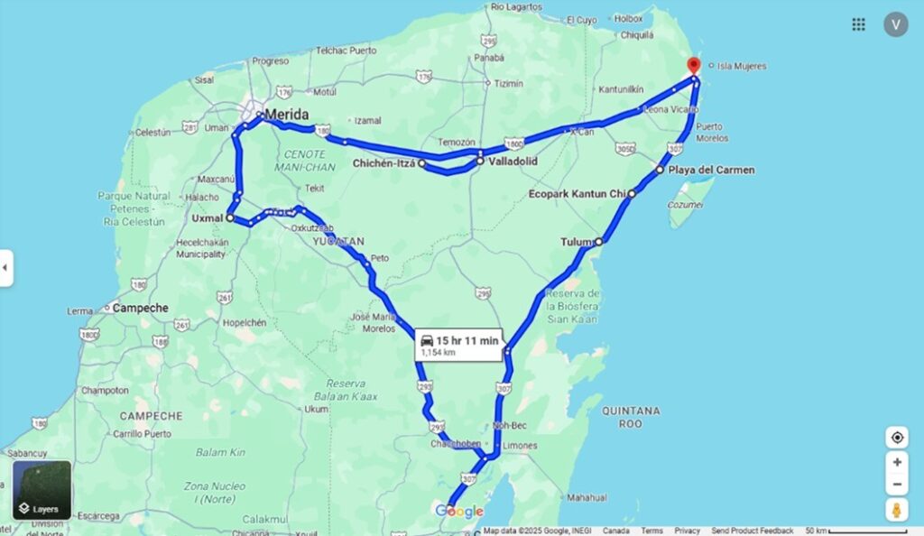 Circular road trip itinerary in Quintana Roo and Yucatan Mexico