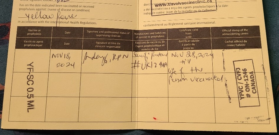 Yellow Fever vaccine card