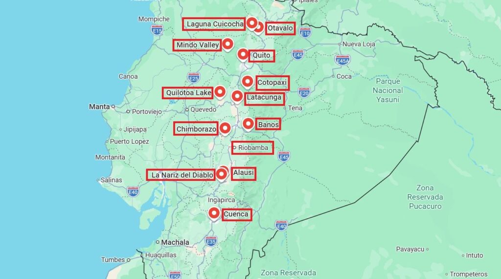 Map of Ecuador Andes travel itinerary